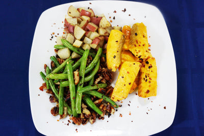 Sweet Heat Salmon w/ Pecan Green Beans and Roasted Potatoes